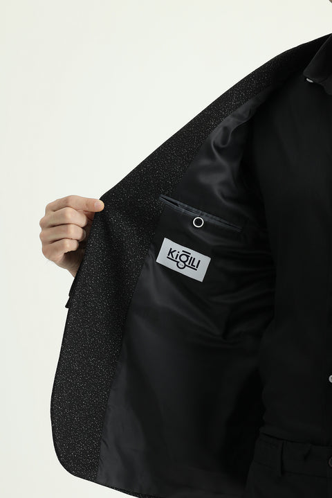 Siyah 7 Drop Super Slim Fit Eksra Dar Kesim Klasik Desenli Ceket