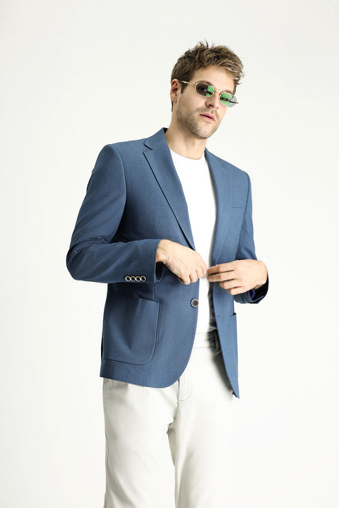 Koyu Mavi  7 Drop Slim Fit Dar Kesim Spor Desenli Ceket