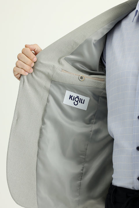 Yağ Yeşili-Olive 7 Drop Slim Fit Dar Kesim Spor Desenli Ceket