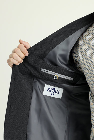 Koyu Antrasit Slim Fit Dar Kesim Spor Desenli Ceket