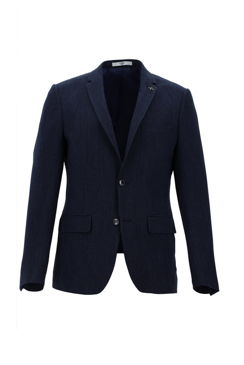 Koyu Lacivert 7 Drop Super Slim Fit Eksra Dar Kesim Desenli Gofre Ceket