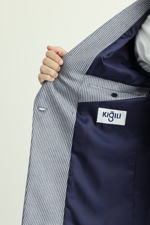 Açık Lacivert 6 Drop Regular Fit Standart Kesim Kruvaze Çizgili Ceket