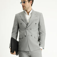 Orta Gri Slim Fit Dar Kesim Çizgili Kruvaze Ceket