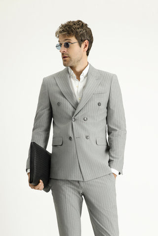  Orta Gri Slim Fit Dar Kesim Çizgili Kruvaze Ceket