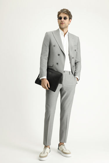 Orta Gri Slim Fit Dar Kesim Çizgili Kruvaze Ceket