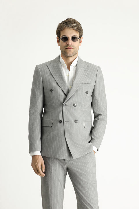 Orta Gri 7 Drop Slim Fit Dar Kesim Çizgili Kruvaze Ceket