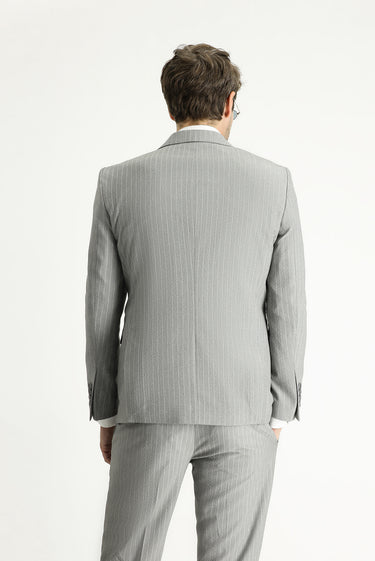 Orta Gri Slim Fit Dar Kesim Çizgili Kruvaze Ceket