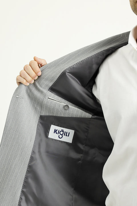 Orta Gri 7 Drop Slim Fit Dar Kesim Çizgili Kruvaze Ceket