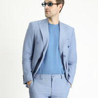 Açık Mavi Slim Fit Dar Kesim Çizgili Kruvaze Ceket