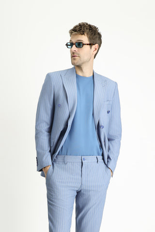  Açık Mavi Slim Fit Dar Kesim Çizgili Kruvaze Ceket