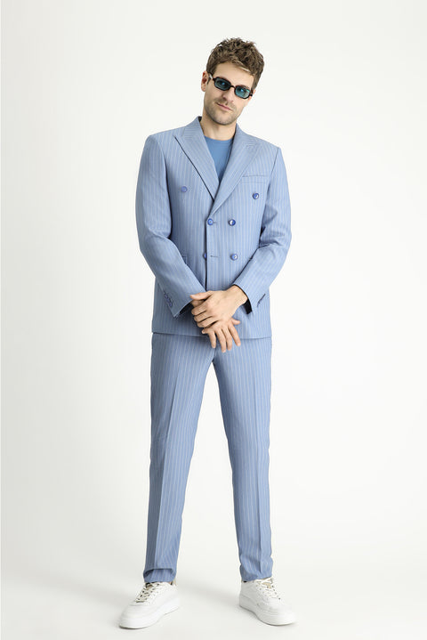 Açık Mavi 7 Drop Slim Fit Dar Kesim Çizgili Kruvaze Ceket