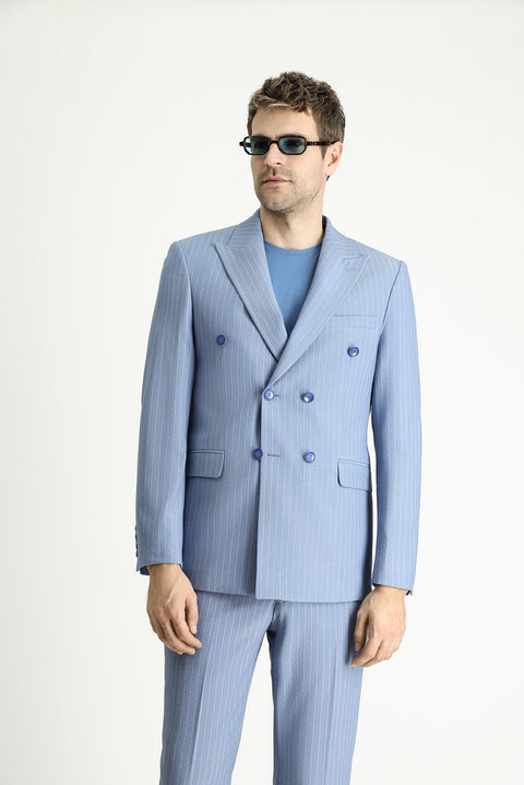 Açık Mavi 7 Drop Slim Fit Dar Kesim Çizgili Kruvaze Ceket