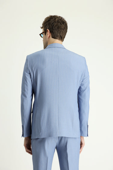 Açık Mavi Slim Fit Dar Kesim Çizgili Kruvaze Ceket