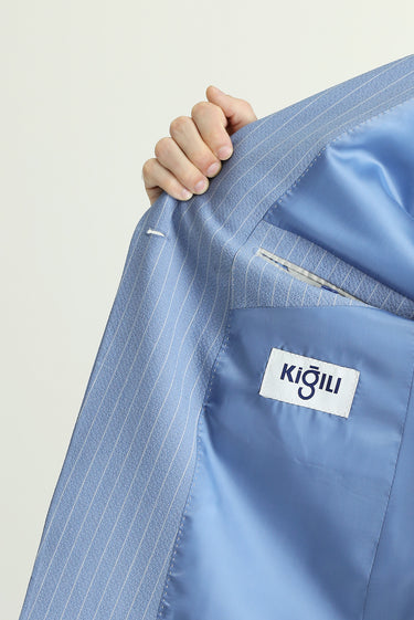 Açık Mavi Slim Fit Dar Kesim Çizgili Kruvaze Ceket