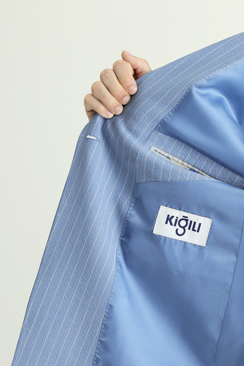 Açık Mavi 7 Drop Slim Fit Dar Kesim Çizgili Kruvaze Ceket