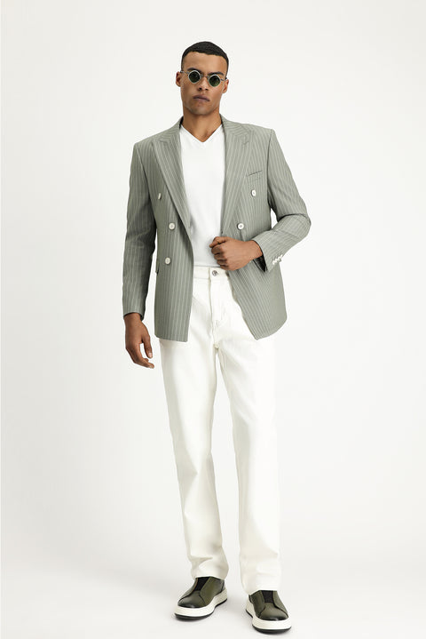 Küf Yeşili 7 Drop Slim Fit Dar Kesim Çizgili Kruvaze Ceket