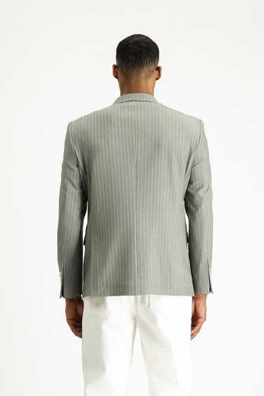 Küf Yeşili Slim Fit Dar Kesim Çizgili Kruvaze Ceket