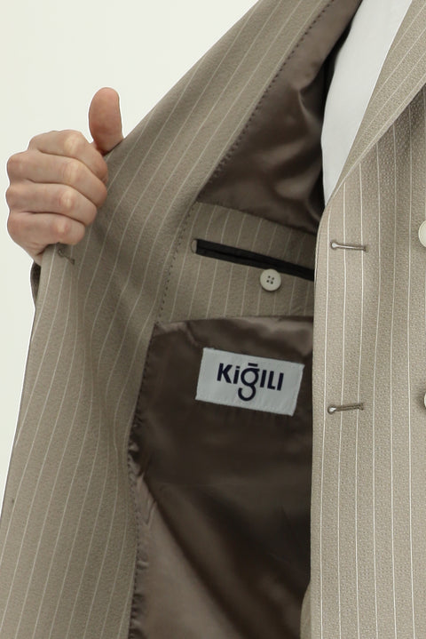 Orta Vizon 7 Drop Slim Fit Dar Kesim Çizgili Kruvaze Ceket