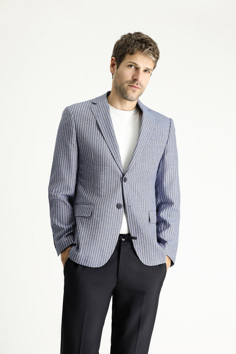 Orta Lacivert 7 Drop Slim Fit Dar Kesim Çizgili Keten Karışımlı Ceket