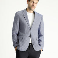 Orta Lacivert Slim Fit Dar Kesim Çizgili Keten Karışımlı Ceket
