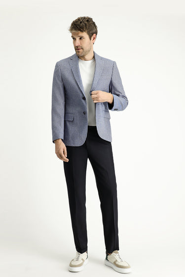  Orta Lacivert Slim Fit Dar Kesim Çizgili Keten Karışımlı Ceket