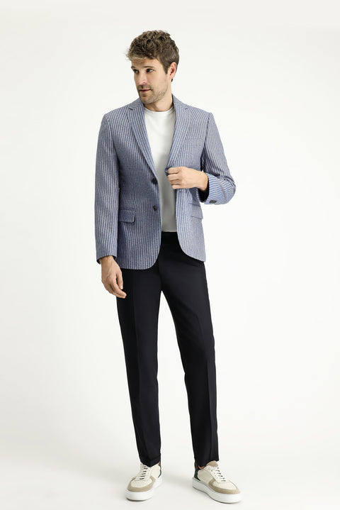 Orta Lacivert 7 Drop Slim Fit Dar Kesim Çizgili Keten Karışımlı Ceket