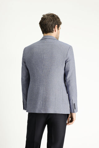  Orta Lacivert Slim Fit Dar Kesim Çizgili Keten Karışımlı Ceket