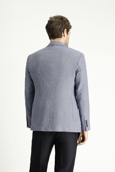  Orta Lacivert Slim Fit Dar Kesim Çizgili Keten Karışımlı Ceket