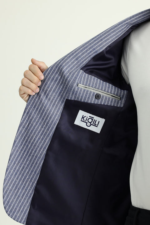 Orta Lacivert 7 Drop Slim Fit Dar Kesim Çizgili Keten Karışımlı Ceket