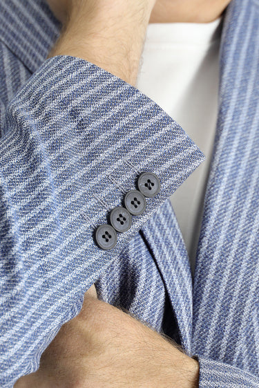 Orta Lacivert Slim Fit Dar Kesim Çizgili Keten Karışımlı Ceket