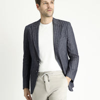 Koyu Lacivert Regular Fit Çizgili Keten Karışımlı Ceket