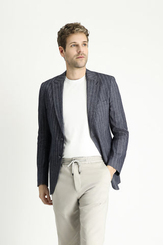  Koyu Lacivert Regular Fit Çizgili Keten Karışımlı Ceket