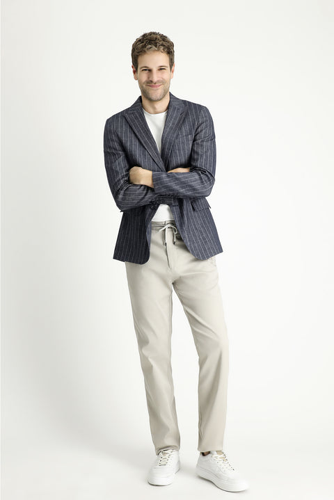 Koyu Lacivert 6 Drop Regular Fit Standart Kesim Çizgili Keten Karışımlı Ceket