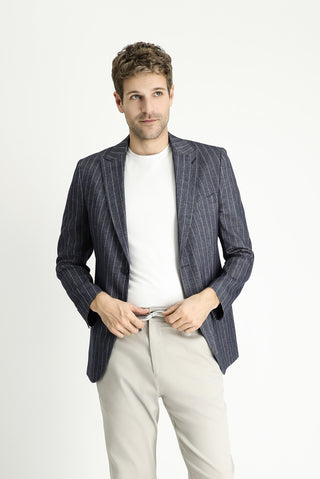  Koyu Lacivert Regular Fit Çizgili Keten Karışımlı Ceket