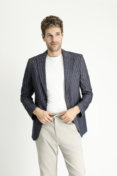 Koyu Lacivert 6 Drop Regular Fit Standart Kesim Çizgili Keten Karışımlı Ceket