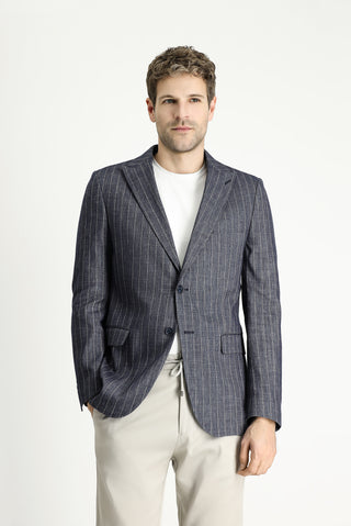  Koyu Lacivert Regular Fit Çizgili Keten Karışımlı Ceket
