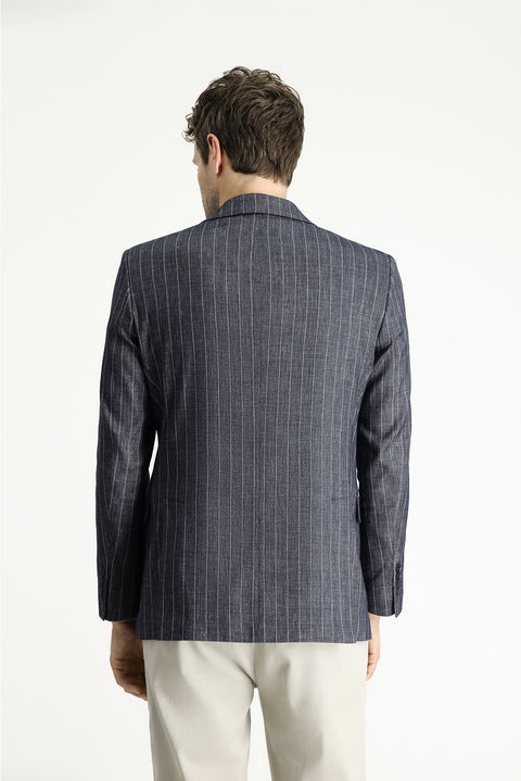 Koyu Lacivert 6 Drop Regular Fit Standart Kesim Çizgili Keten Karışımlı Ceket