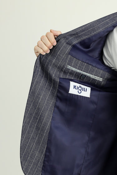 Koyu Lacivert Regular Fit Çizgili Keten Karışımlı Ceket