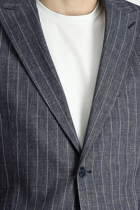 Koyu Lacivert 6 Drop Regular Fit Standart Kesim Çizgili Keten Karışımlı Ceket