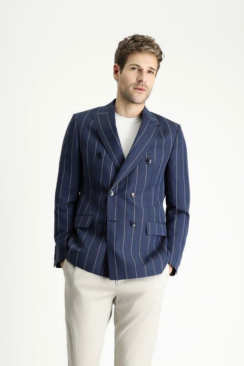 Koyu Lacivert 6 Drop Regular Fit Standart Kesim Kruvaze Çizgili Keten Karışımlı Ceket