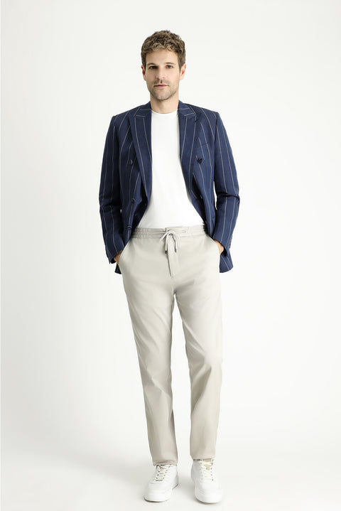 Koyu Lacivert 6 Drop Regular Fit Standart Kesim Kruvaze Çizgili Keten Karışımlı Ceket