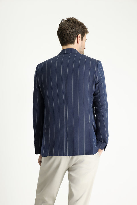 Koyu Lacivert 6 Drop Regular Fit Standart Kesim Kruvaze Çizgili Keten Karışımlı Ceket