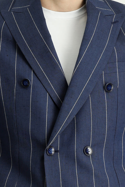 Koyu Lacivert 6 Drop Regular Fit Standart Kesim Kruvaze Çizgili Keten Karışımlı Ceket
