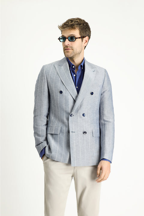 Koyu Mavi  6 Drop Regular Fit Standart Kesim Kruvaze Çizgili Keten Karışımlı Ceket