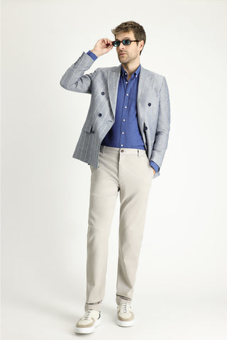  Koyu Mavi  Regular Fit Kruvaze Çizgili Keten Karışımlı Ceket