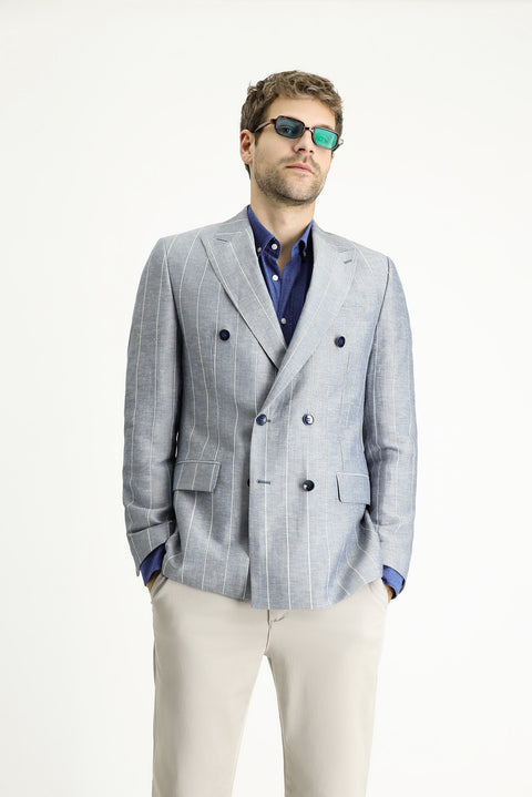 Koyu Mavi  6 Drop Regular Fit Standart Kesim Kruvaze Çizgili Keten Karışımlı Ceket