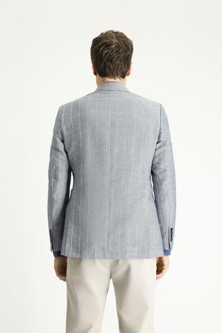  Koyu Mavi  Regular Fit Kruvaze Çizgili Keten Karışımlı Ceket