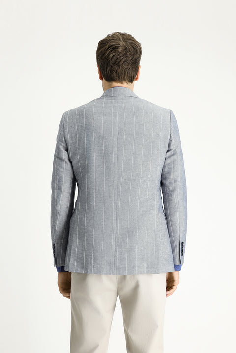 Koyu Mavi  6 Drop Regular Fit Standart Kesim Kruvaze Çizgili Keten Karışımlı Ceket