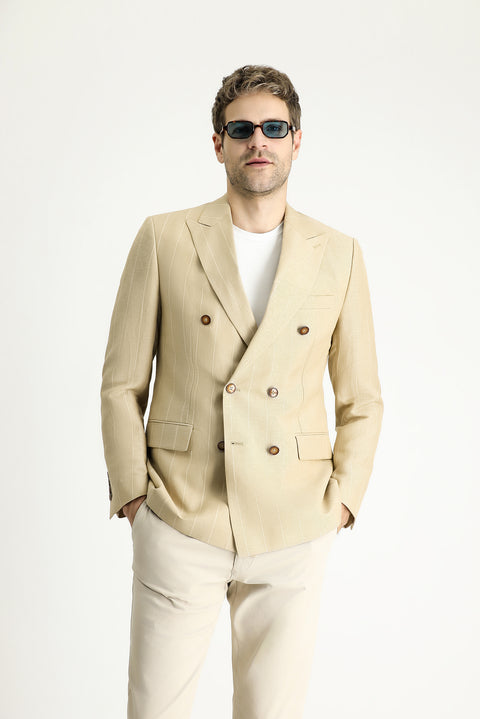 Orta Bej 6 Drop Regular Fit Standart Kesim Kruvaze Çizgili Keten Karışımlı Ceket