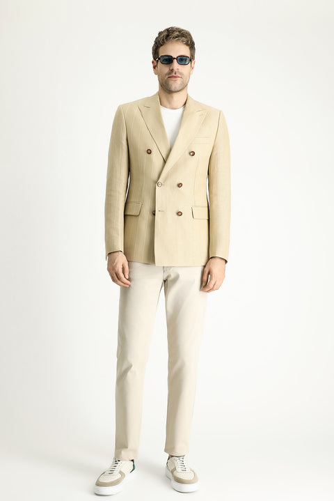 Orta Bej 6 Drop Regular Fit Standart Kesim Kruvaze Çizgili Keten Karışımlı Ceket